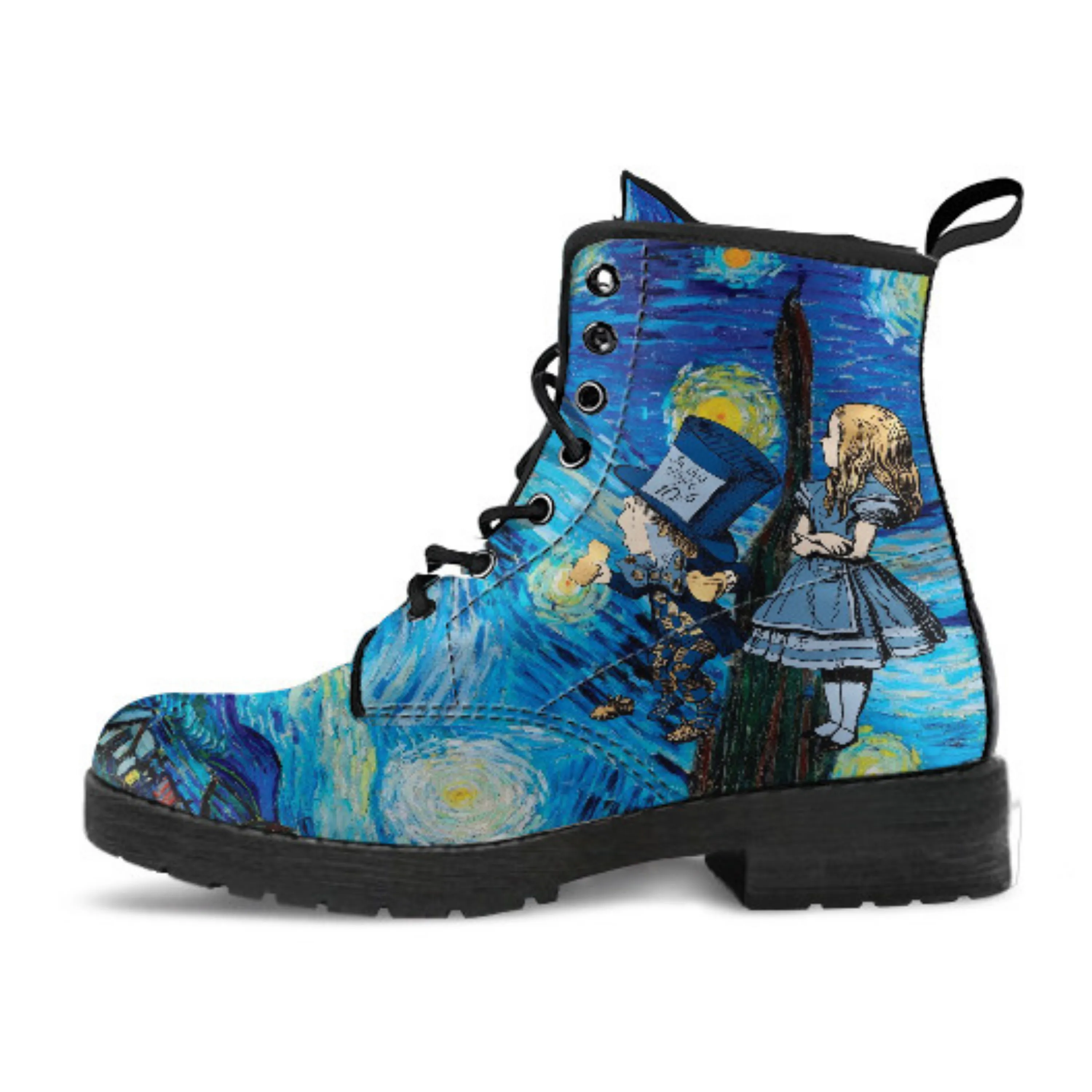 Alice in Wonderland Boots - Alice in Starry Night #102 Navy Series | Custom Shoes, Vincent van Gogh's World Famous Painting, Vegan Shoes