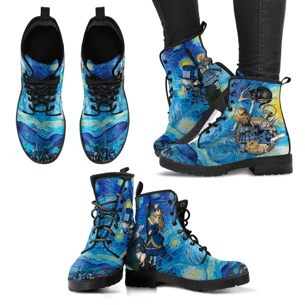 Alice in Wonderland Boots - Alice in Starry Night #102 Navy Series | Custom Shoes, Vincent van Gogh's World Famous Painting, Vegan Shoes