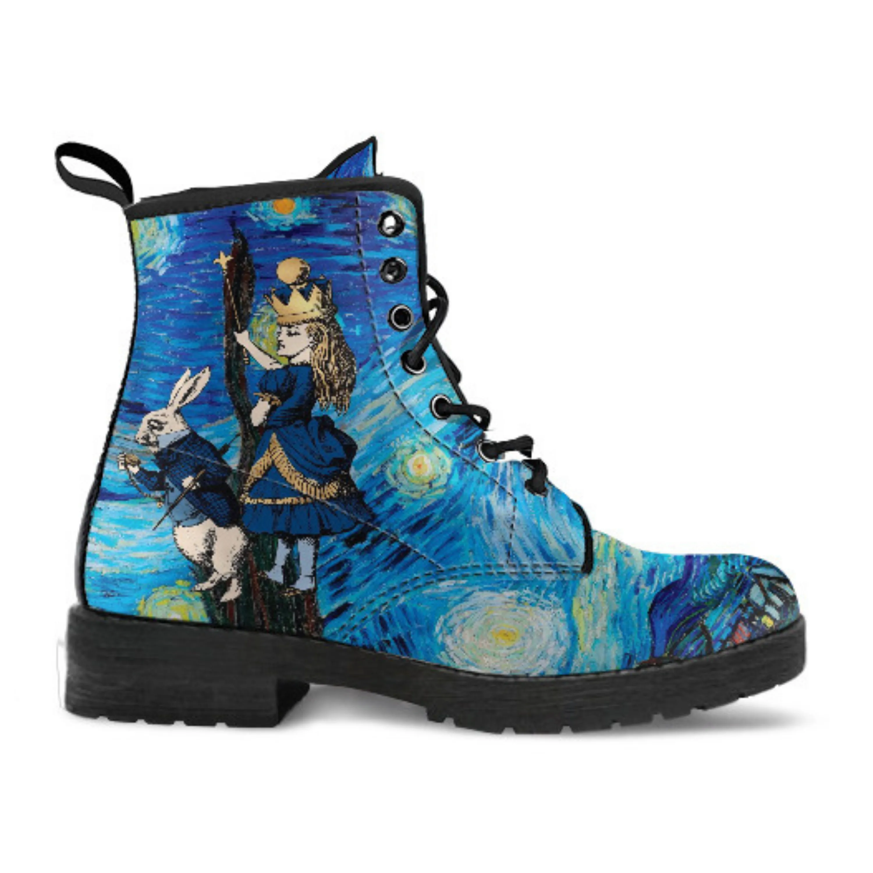 Alice in Wonderland Boots - Alice in Starry Night #102 Navy Series | Custom Shoes, Vincent van Gogh's World Famous Painting, Vegan Shoes
