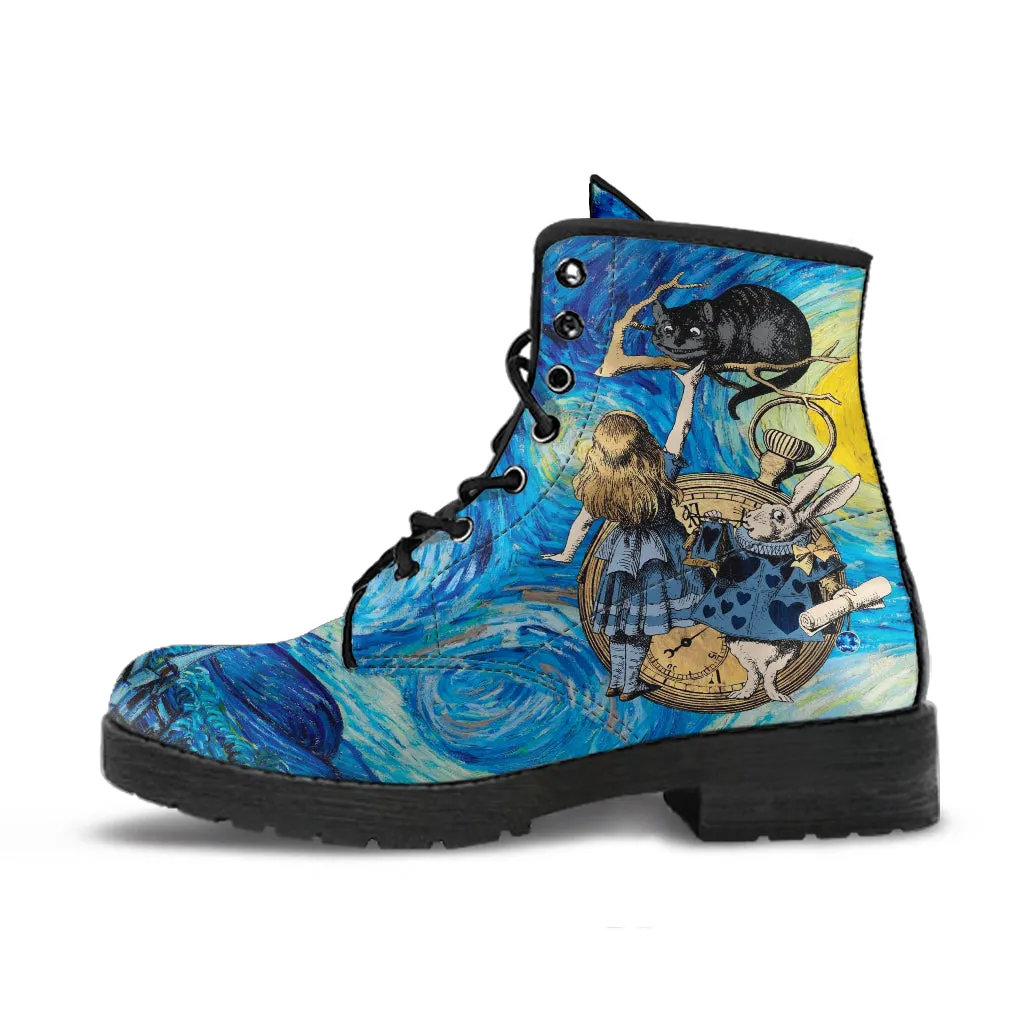 Alice in Wonderland Boots - Alice in Starry Night #102 Navy Series | Custom Shoes, Vincent van Gogh's World Famous Painting, Vegan Shoes