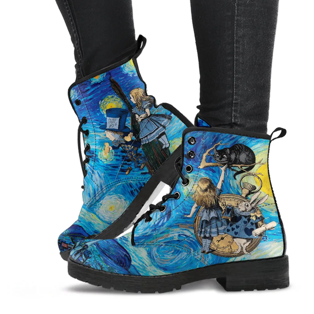 Alice in Wonderland Boots - Alice in Starry Night #102 Navy Series | Custom Shoes, Vincent van Gogh's World Famous Painting, Vegan Shoes