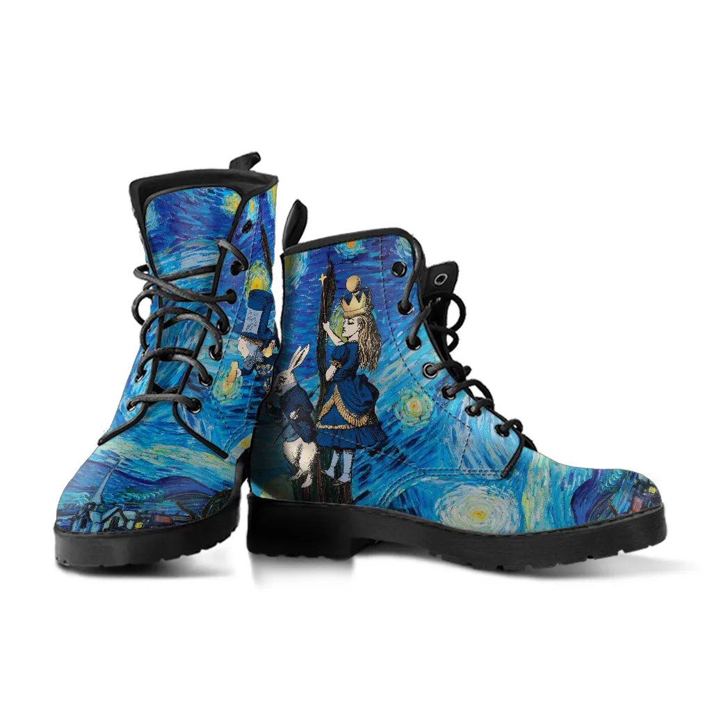 Alice in Wonderland Boots - Alice in Starry Night #102 Navy Series | Custom Shoes, Vincent van Gogh's World Famous Painting, Vegan Shoes