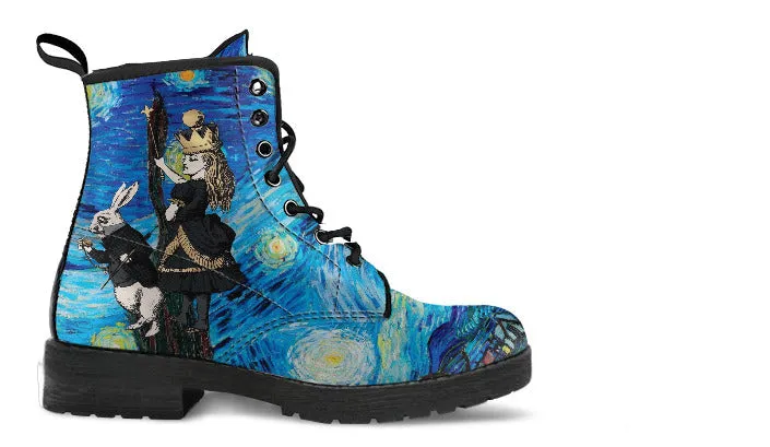 Alice in Wonderland Boots - Alice in Starry Night #103 Gray Series | Custom Vegan Shoes, Vincent van Gogh's World Famous Painting