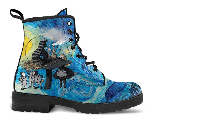 Alice in Wonderland Boots - Alice in Starry Night #103 Gray Series | Custom Vegan Shoes, Vincent van Gogh's World Famous Painting