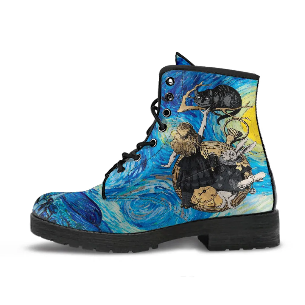 Alice in Wonderland Boots - Alice in Starry Night #103 Gray Series | Custom Vegan Shoes, Vincent van Gogh's World Famous Painting
