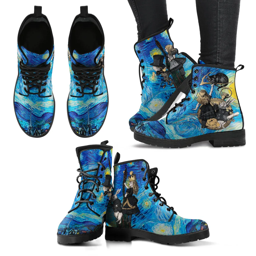Alice in Wonderland Boots - Alice in Starry Night #103 Gray Series | Custom Vegan Shoes, Vincent van Gogh's World Famous Painting
