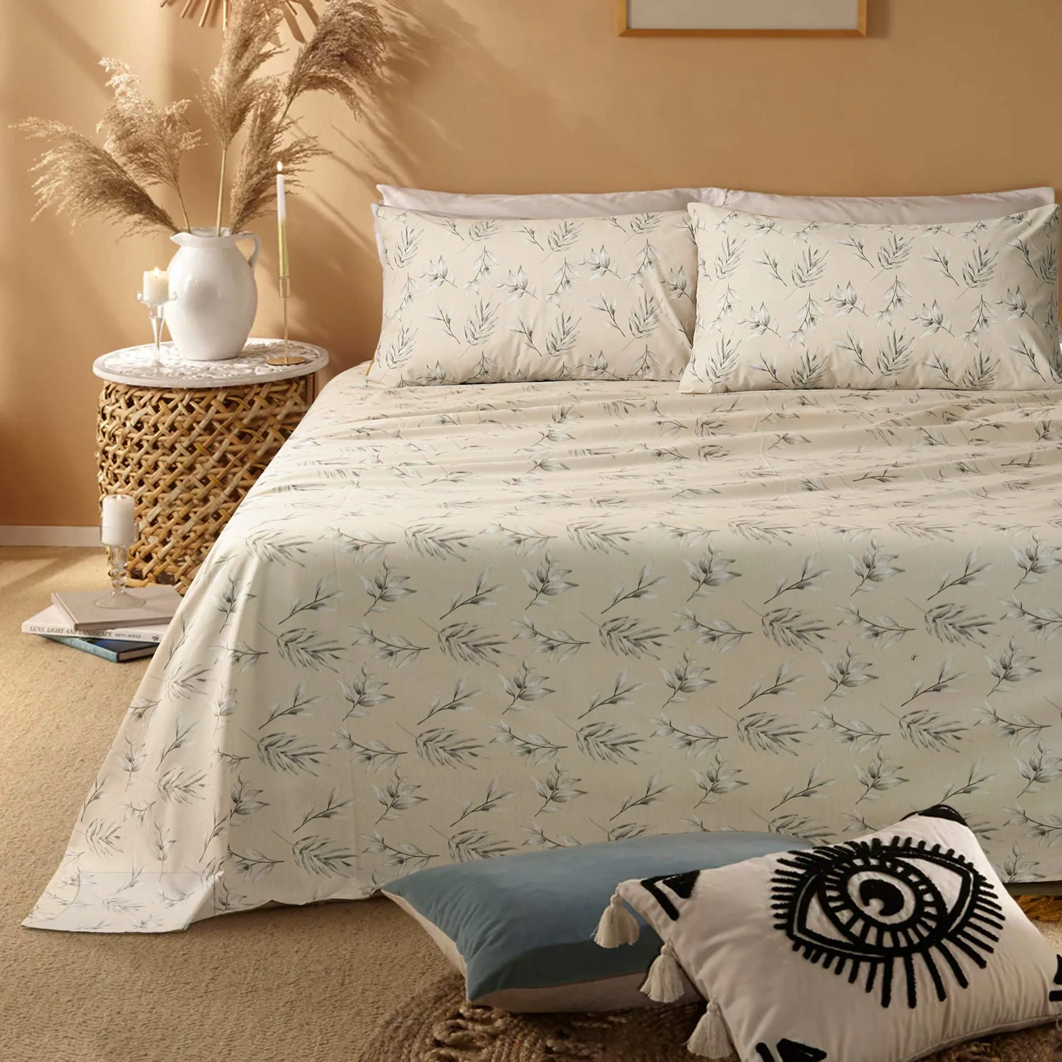 Beige Leafy Printed Bedsheet