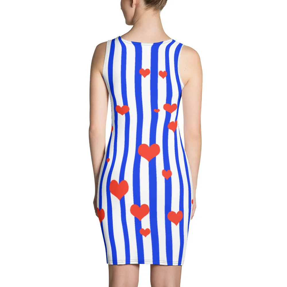 Blue Striped Women's Dress, American Patriotic Flag Inspired Designer Dress - Made in USA