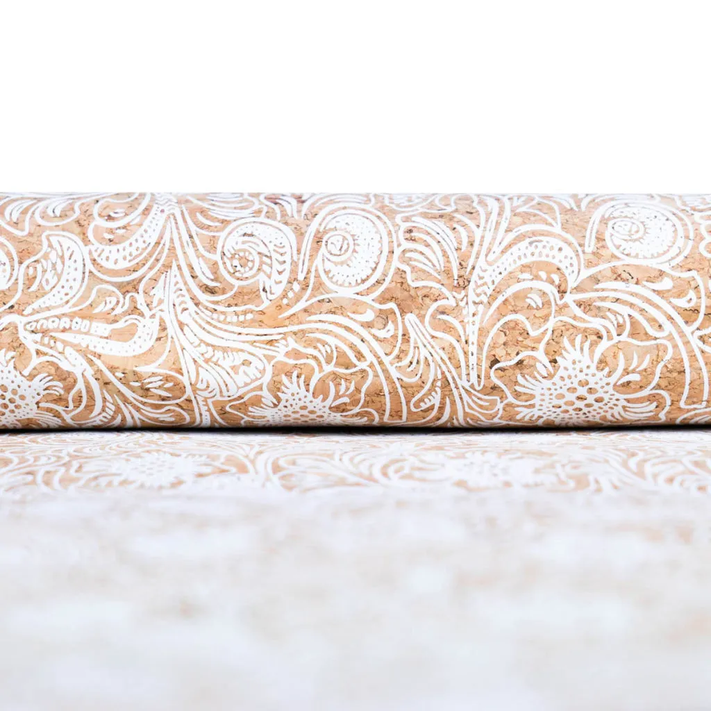 Classic Baroque Splendor: White Patterned Cork Fabric COF-510