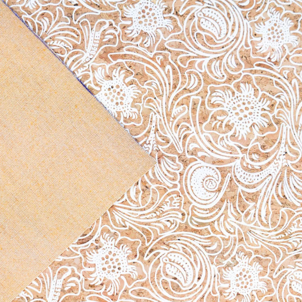 Classic Baroque Splendor: White Patterned Cork Fabric COF-510