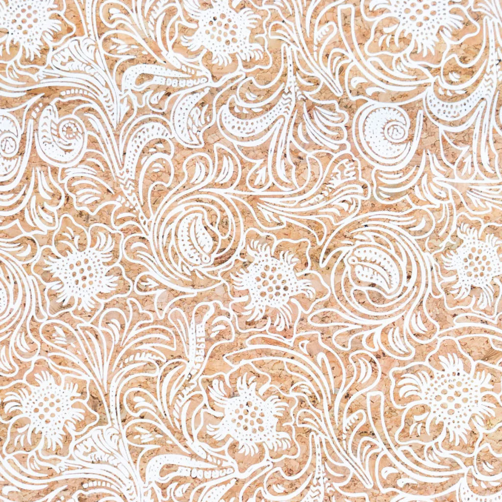 Classic Baroque Splendor: White Patterned Cork Fabric COF-510