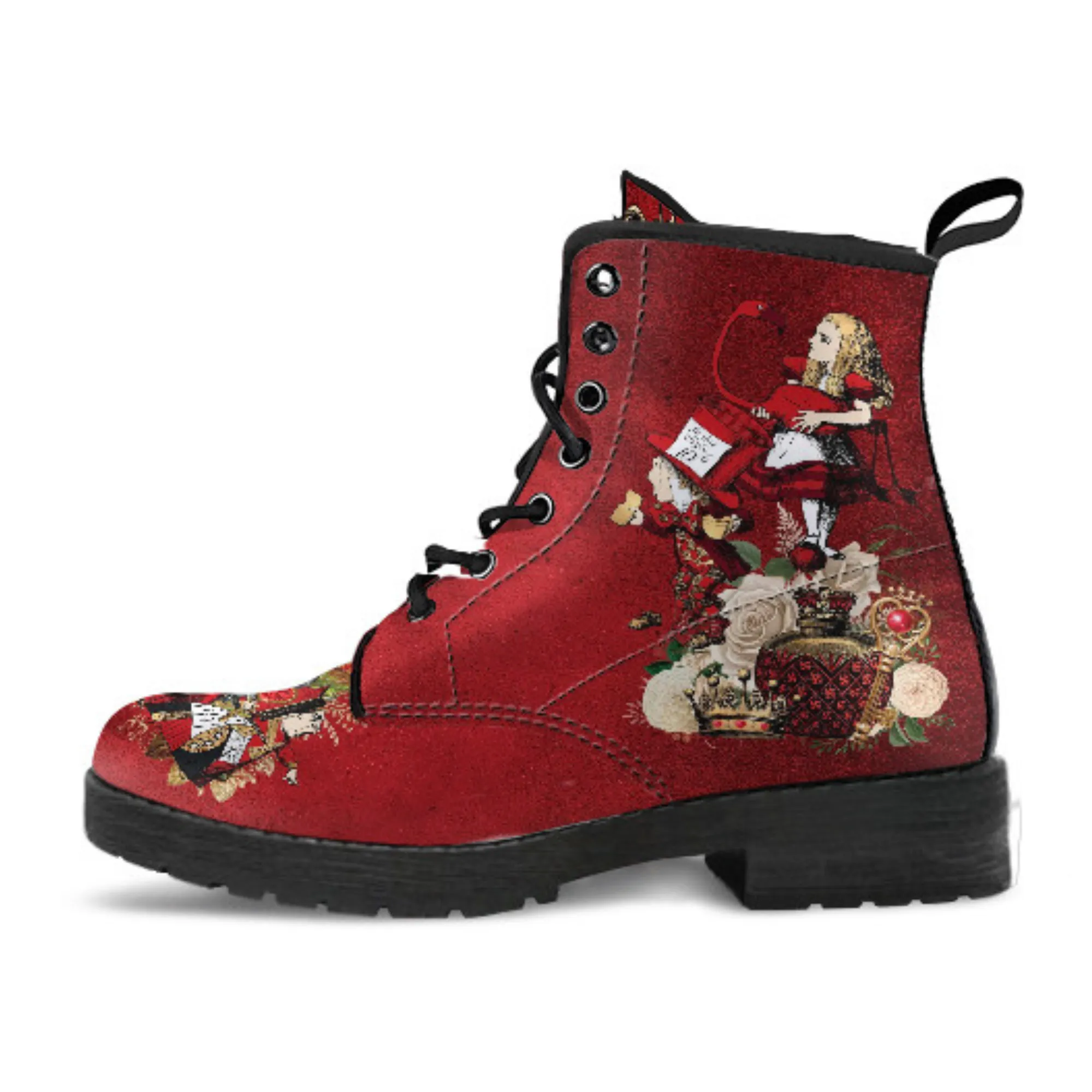 Combat Boots - Alice in Wonderland Gifts #113 Red Series, Birthday Gifts, Gift Idea, Women's Boots, Custom Shoes Boho, Aesthetic Shoes