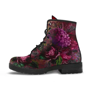 Combat Boots - Beautiful Flowers #105 Red | Vegan Leather Handmade Lace Up, Custom Shoes, Gift Idea, Unisex Adult