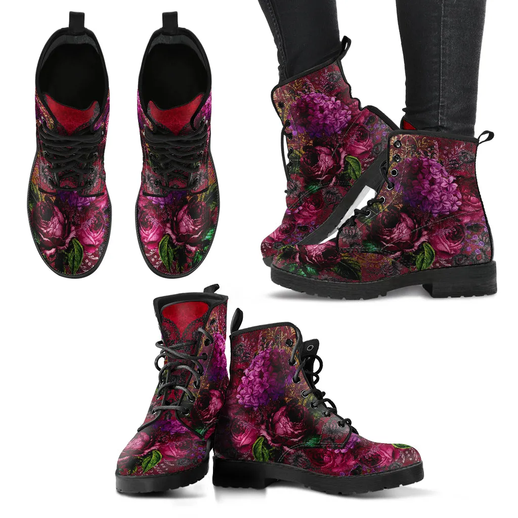 Combat Boots - Beautiful Flowers #105 Red | Vegan Leather Handmade Lace Up, Custom Shoes, Gift Idea, Unisex Adult