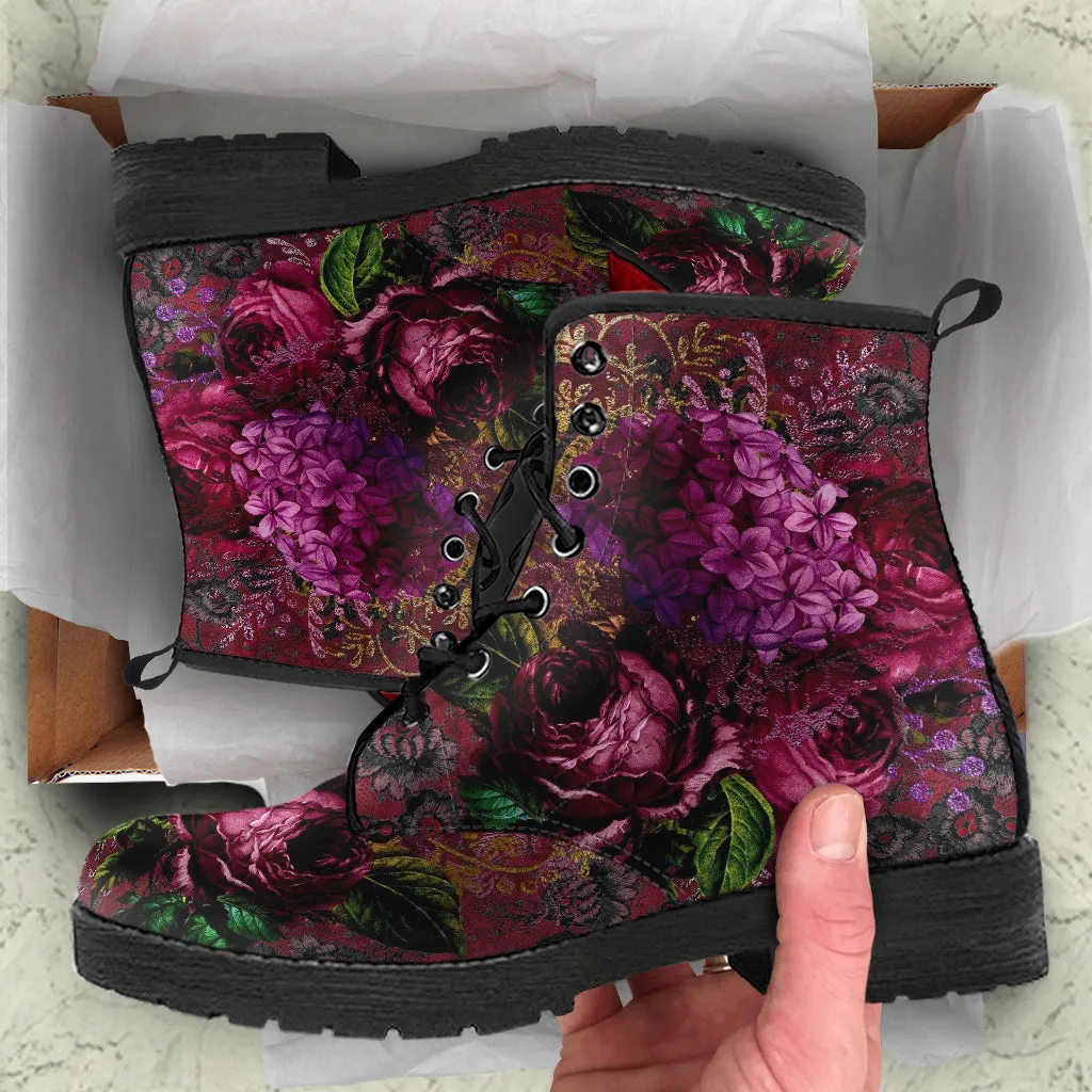 Combat Boots - Beautiful Flowers #105 Red | Vegan Leather Handmade Lace Up, Custom Shoes, Gift Idea, Unisex Adult