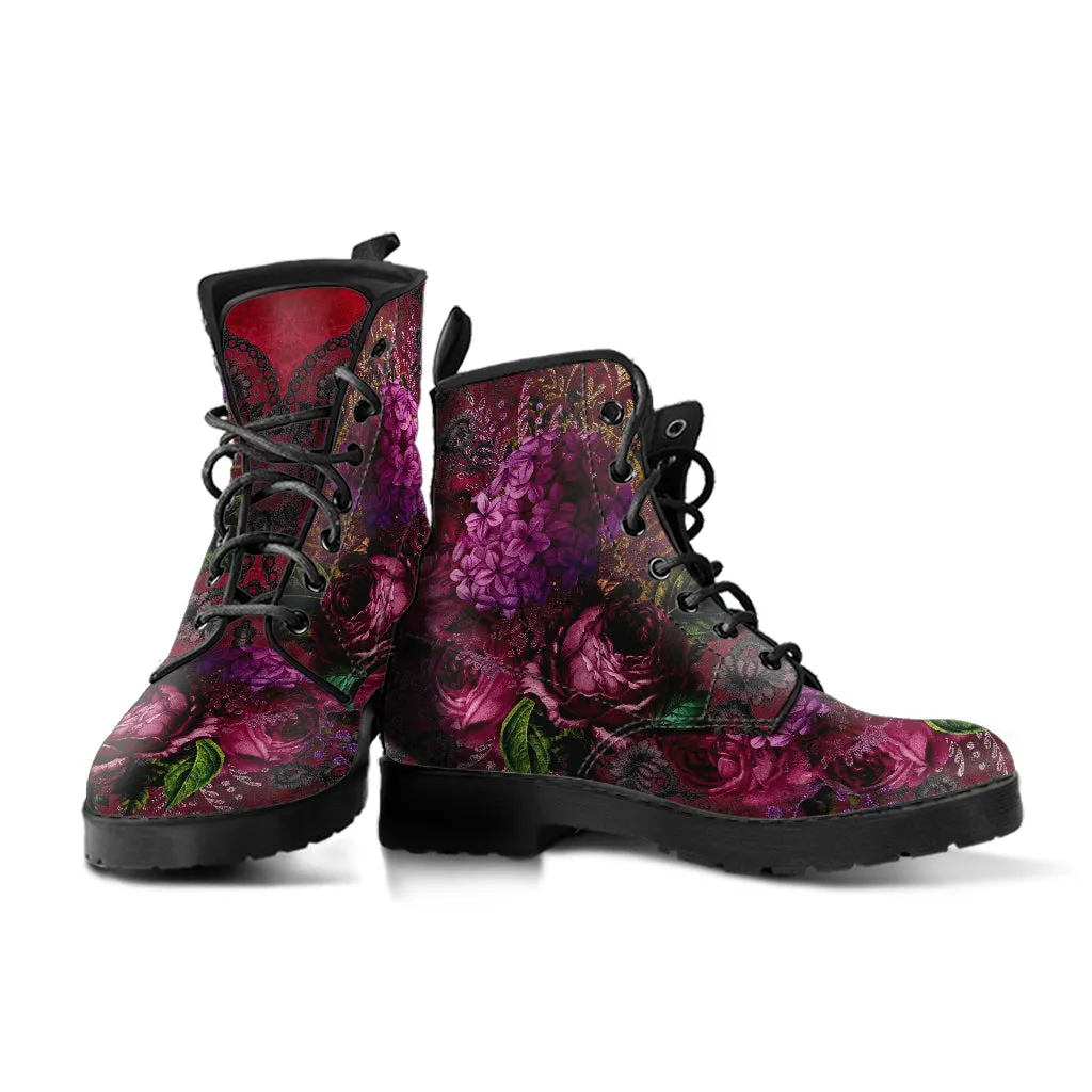 Combat Boots - Beautiful Flowers #105 Red | Vegan Leather Handmade Lace Up, Custom Shoes, Gift Idea, Unisex Adult