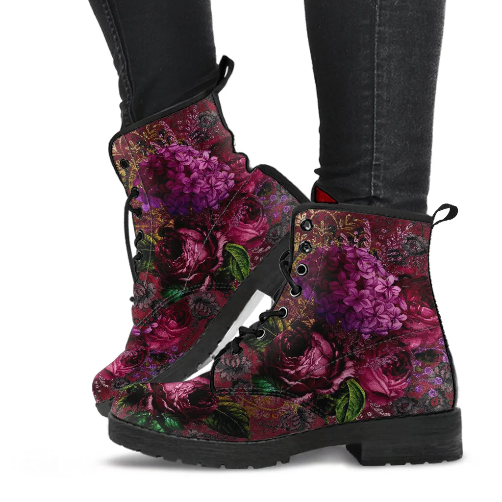 Combat Boots - Beautiful Flowers #105 Red | Vegan Leather Handmade Lace Up, Custom Shoes, Gift Idea, Unisex Adult