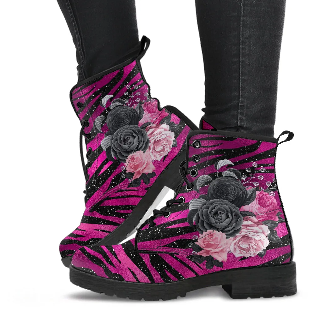 Combat Boots - Beautiful Flowers #109 Pink Leopard | Aesthetic Kawaii Cute Custom Shoes, Gift Idea