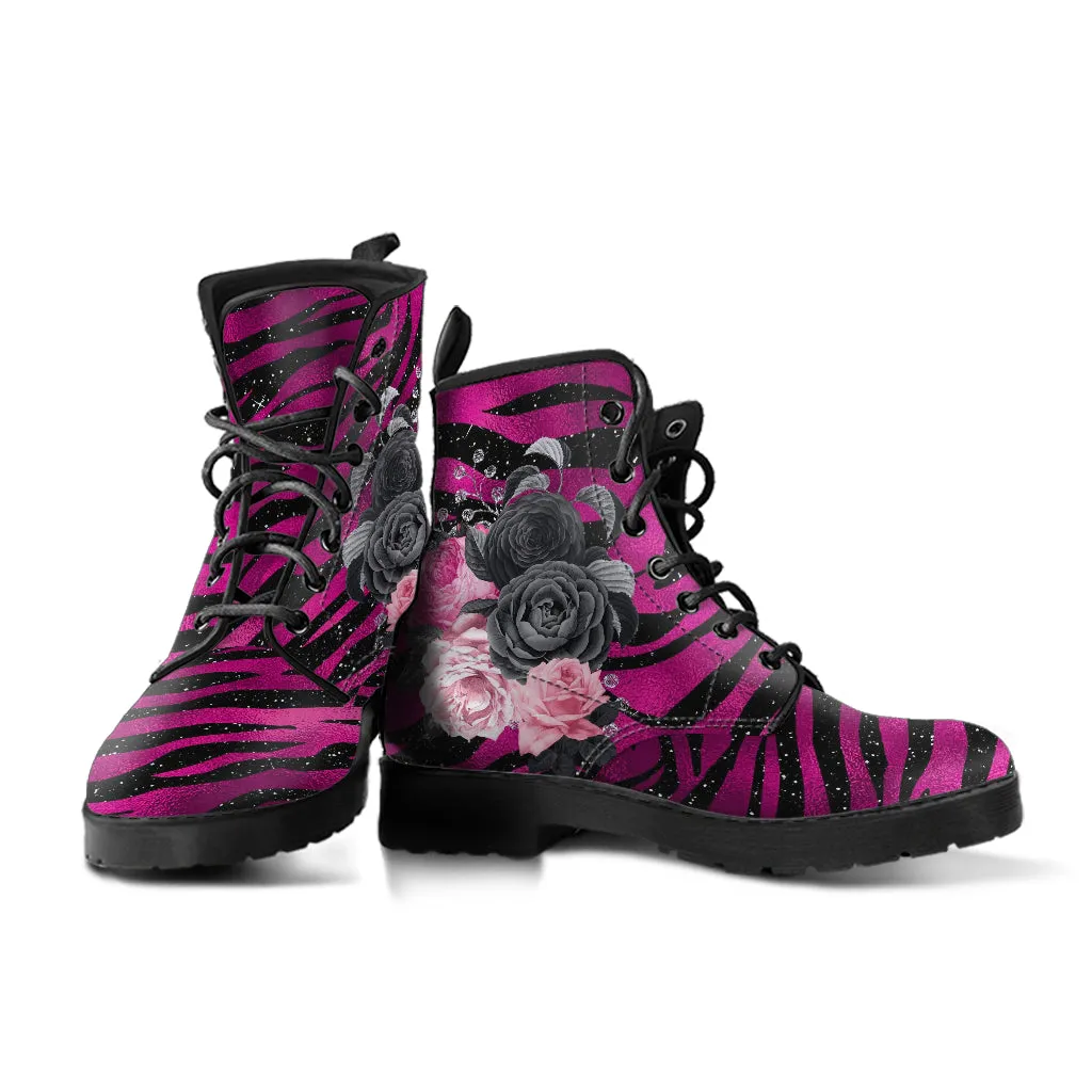 Combat Boots - Beautiful Flowers #109 Pink Leopard | Aesthetic Kawaii Cute Custom Shoes, Gift Idea
