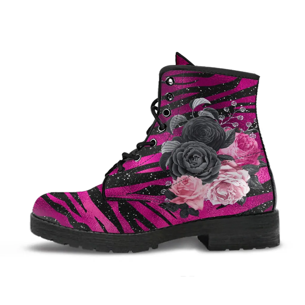 Combat Boots - Beautiful Flowers #109 Pink Leopard | Aesthetic Kawaii Cute Custom Shoes, Gift Idea
