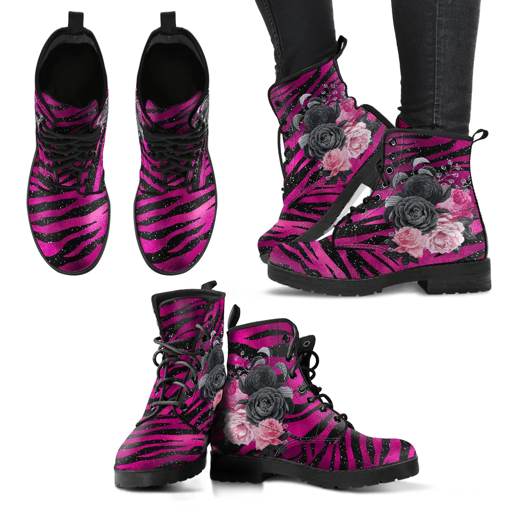 Combat Boots - Beautiful Flowers #109 Pink Leopard | Aesthetic Kawaii Cute Custom Shoes, Gift Idea