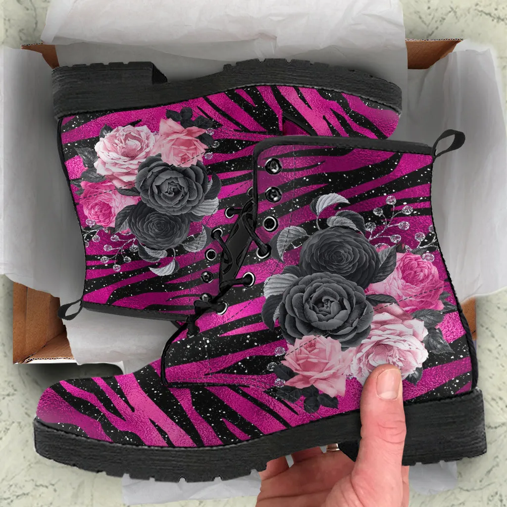 Combat Boots - Beautiful Flowers #109 Pink Leopard | Aesthetic Kawaii Cute Custom Shoes, Gift Idea