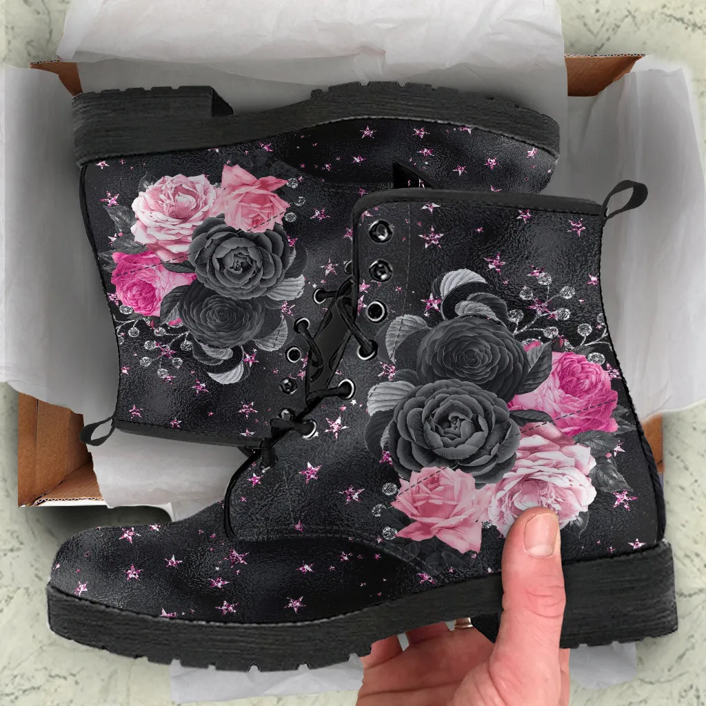 Combat Boots - Beautiful Flowers #109 Pink Stars | Aesthetic Kawaii Cute Custom Shoes, Gift Idea