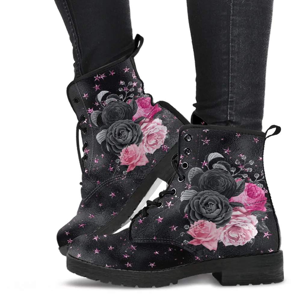 Combat Boots - Beautiful Flowers #109 Pink Stars | Aesthetic Kawaii Cute Custom Shoes, Gift Idea