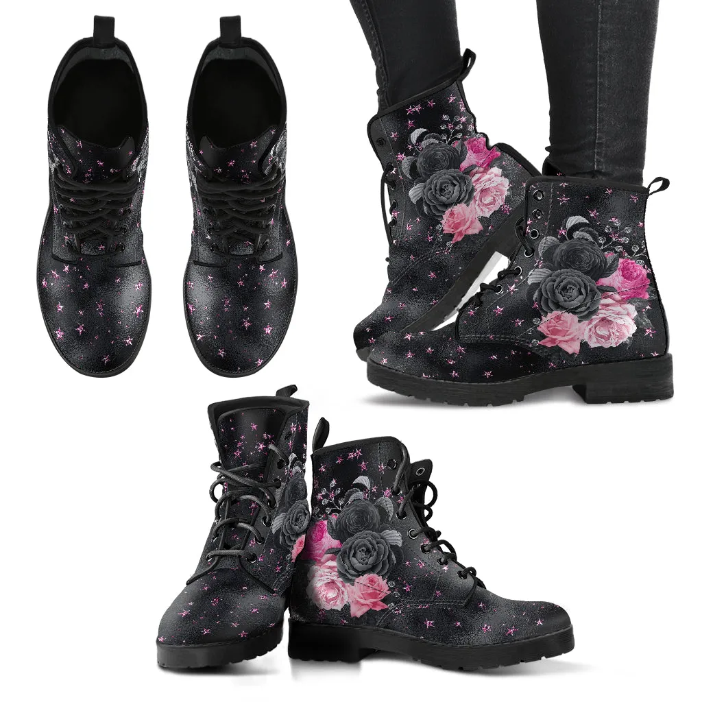 Combat Boots - Beautiful Flowers #109 Pink Stars | Aesthetic Kawaii Cute Custom Shoes, Gift Idea