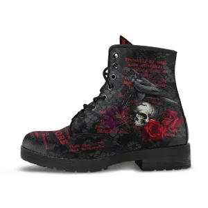 Combat Boots - Edgar Allan Poe Inspired #107-Red The Raven | Vegan Leather Handmade Lace Up, Custom Shoes Boho, Goth Witch Boots, Gothic Skull