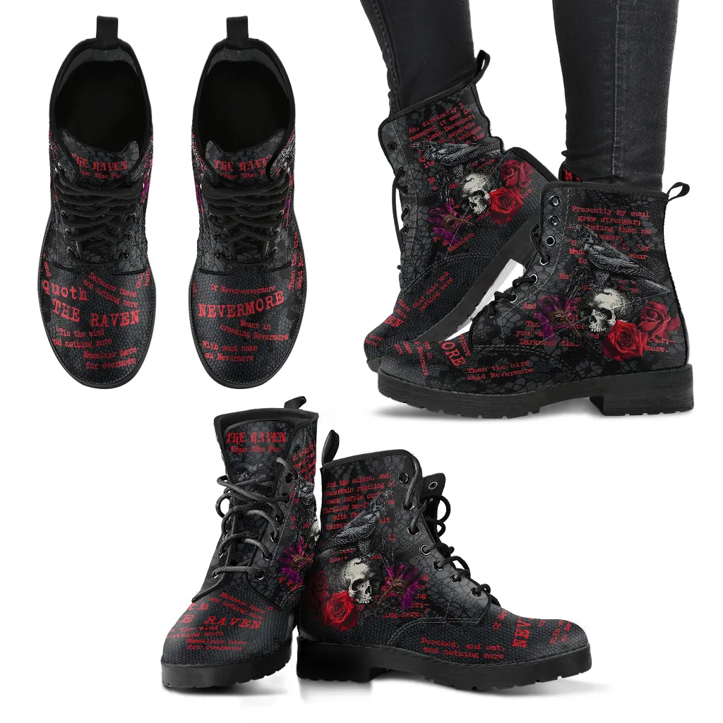 Combat Boots - Edgar Allan Poe Inspired #107-Red The Raven | Vegan Leather Handmade Lace Up, Custom Shoes Boho, Goth Witch Boots, Gothic Skull