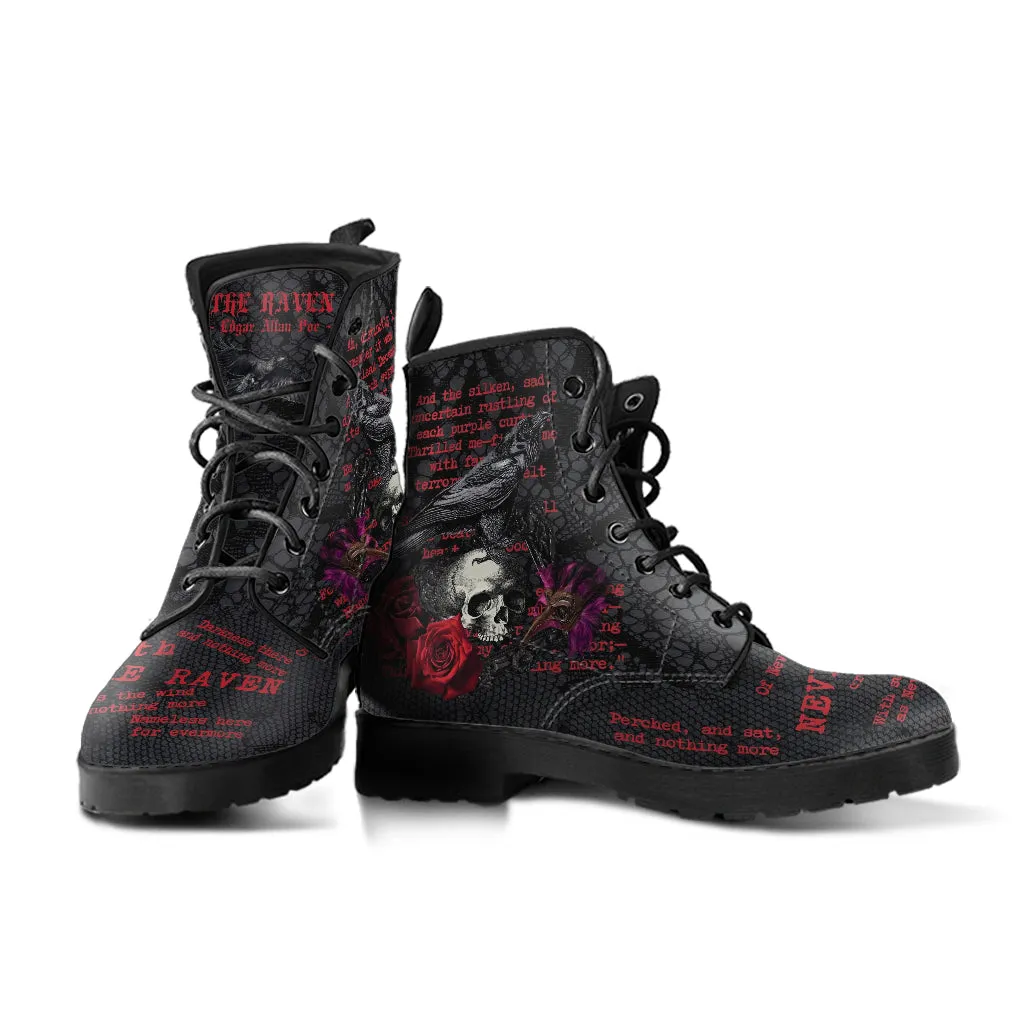 Combat Boots - Edgar Allan Poe Inspired #107-Red The Raven | Vegan Leather Handmade Lace Up, Custom Shoes Boho, Goth Witch Boots, Gothic Skull