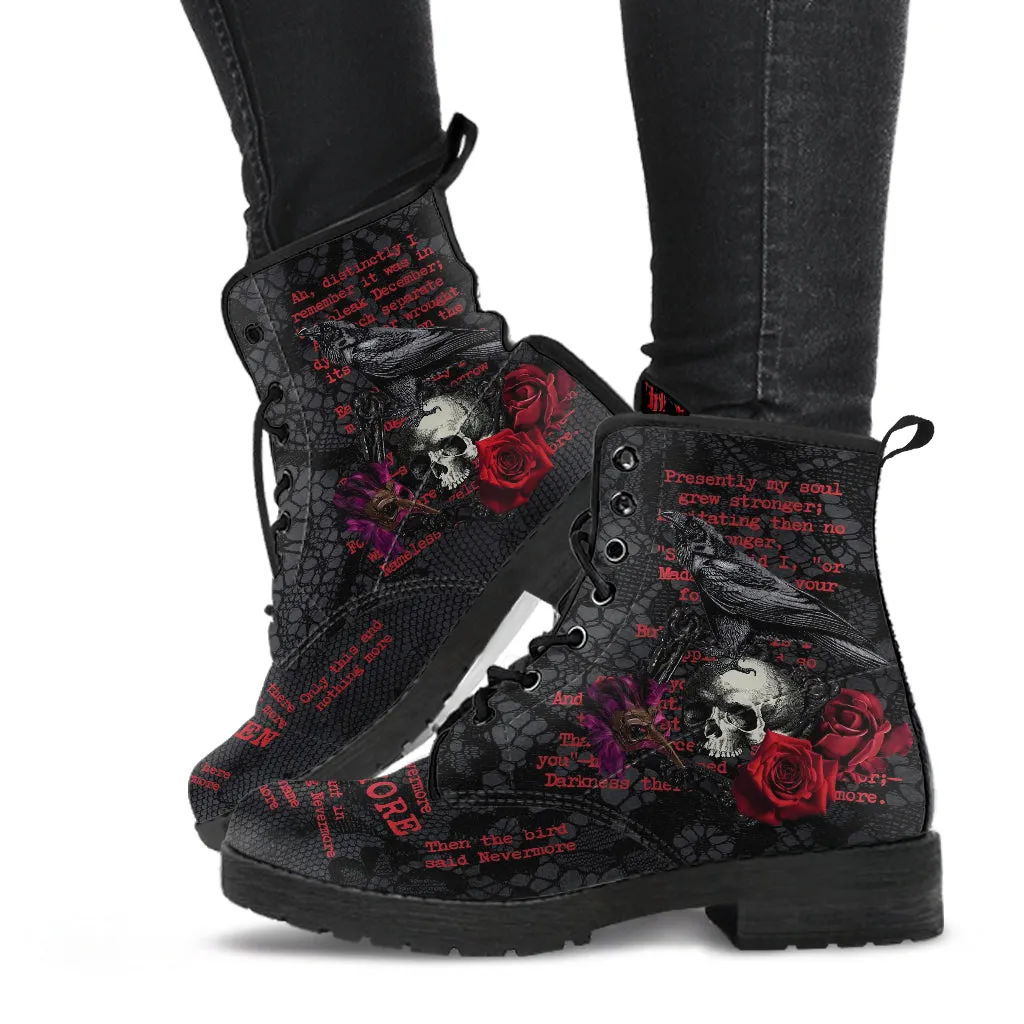 Combat Boots - Edgar Allan Poe Inspired #107-Red The Raven | Vegan Leather Handmade Lace Up, Custom Shoes Boho, Goth Witch Boots, Gothic Skull