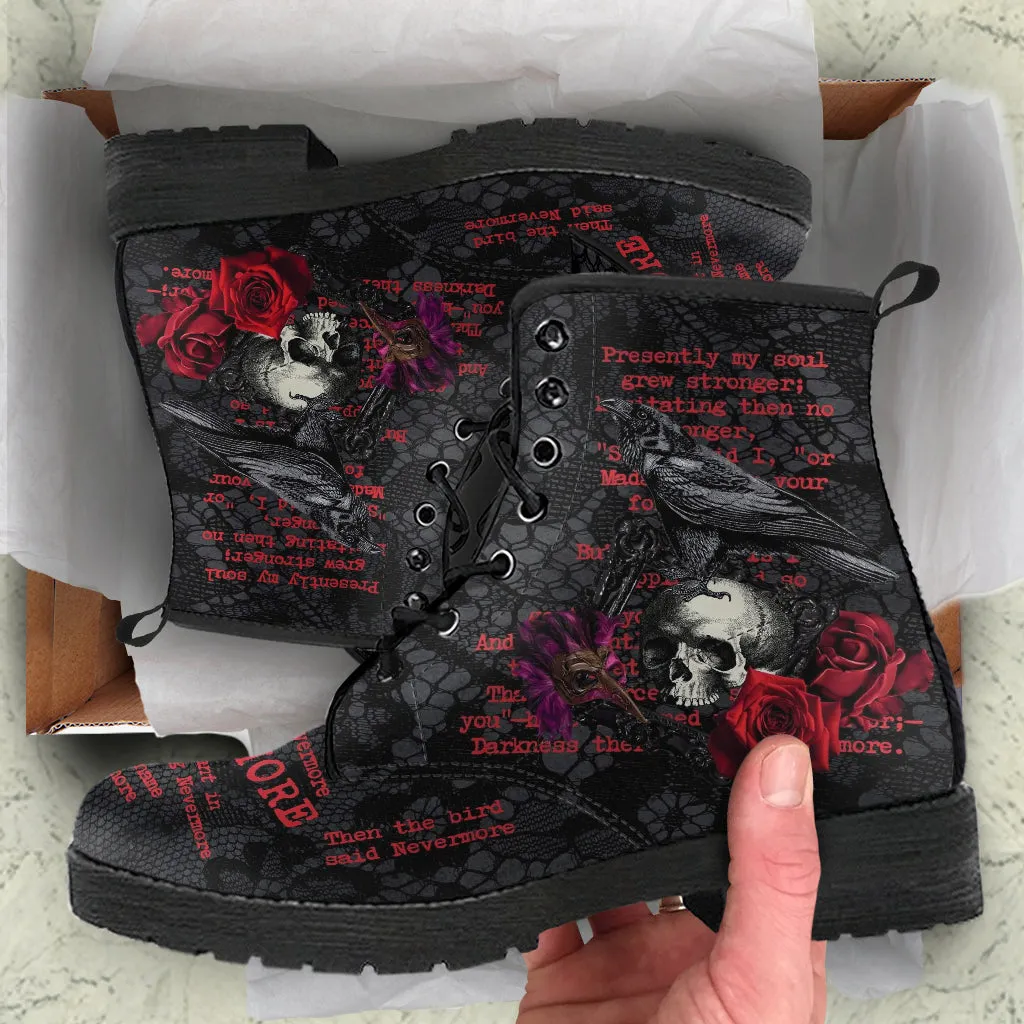 Combat Boots - Edgar Allan Poe Inspired #107-Red The Raven | Vegan Leather Handmade Lace Up, Custom Shoes Boho, Goth Witch Boots, Gothic Skull
