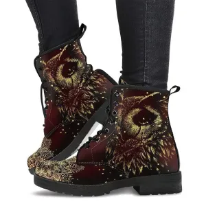 Combat Boots for Women - Owl 1 Handcrafted Boots | Unique Custom Faux Leather Shoes, Cruelty-free Vegan Handmade Lace Up