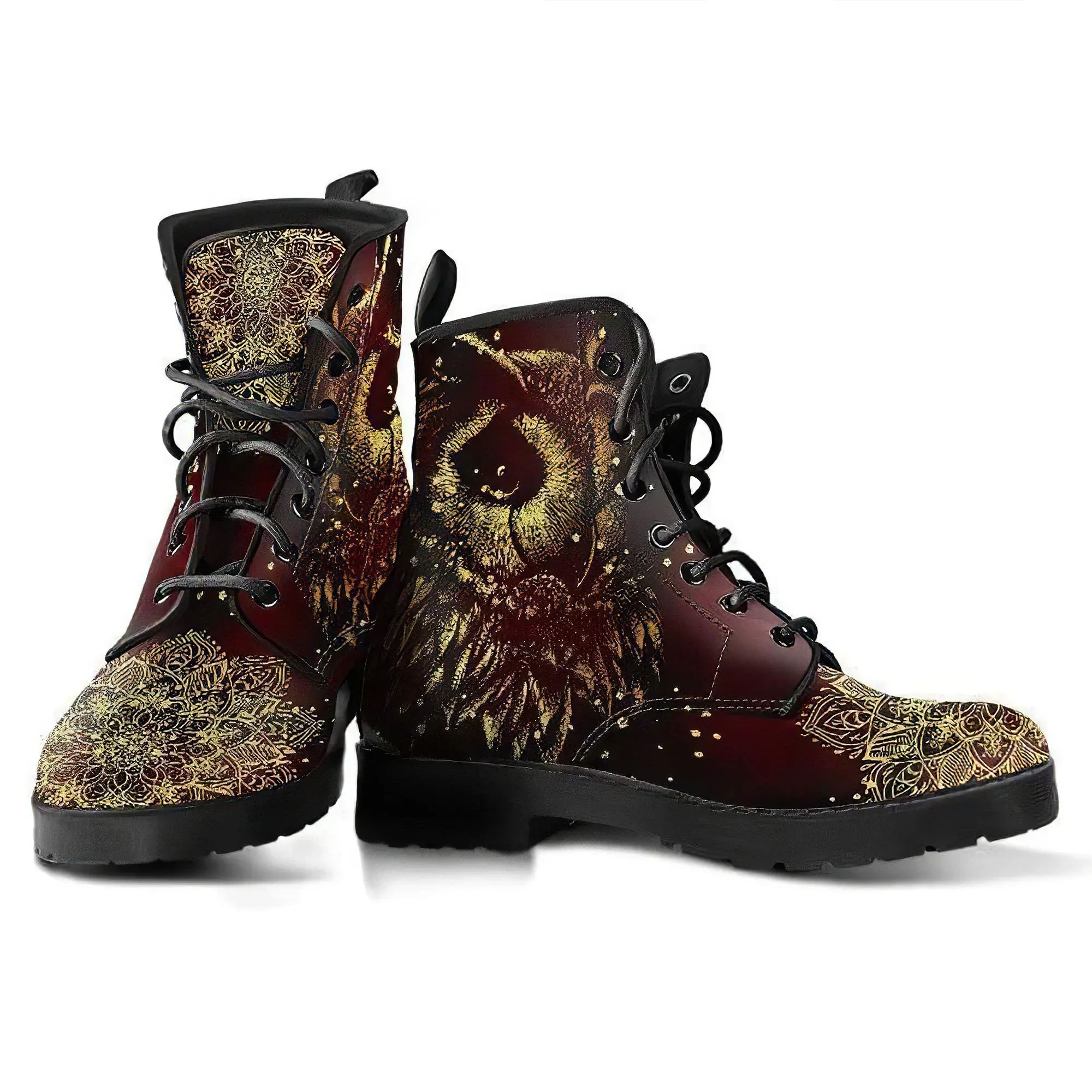 Combat Boots for Women - Owl 1 Handcrafted Boots | Unique Custom Faux Leather Shoes, Cruelty-free Vegan Handmade Lace Up