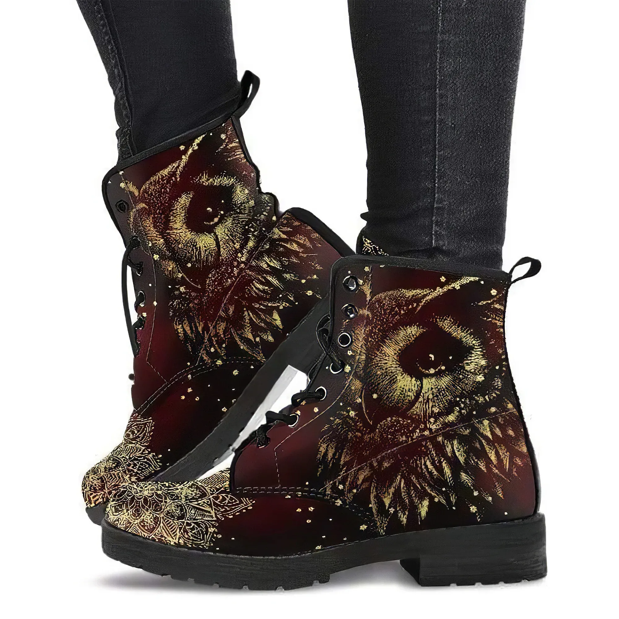 Combat Boots for Women - Owl 1 Handcrafted Boots | Unique Custom Faux Leather Shoes, Cruelty-free Vegan Handmade Lace Up