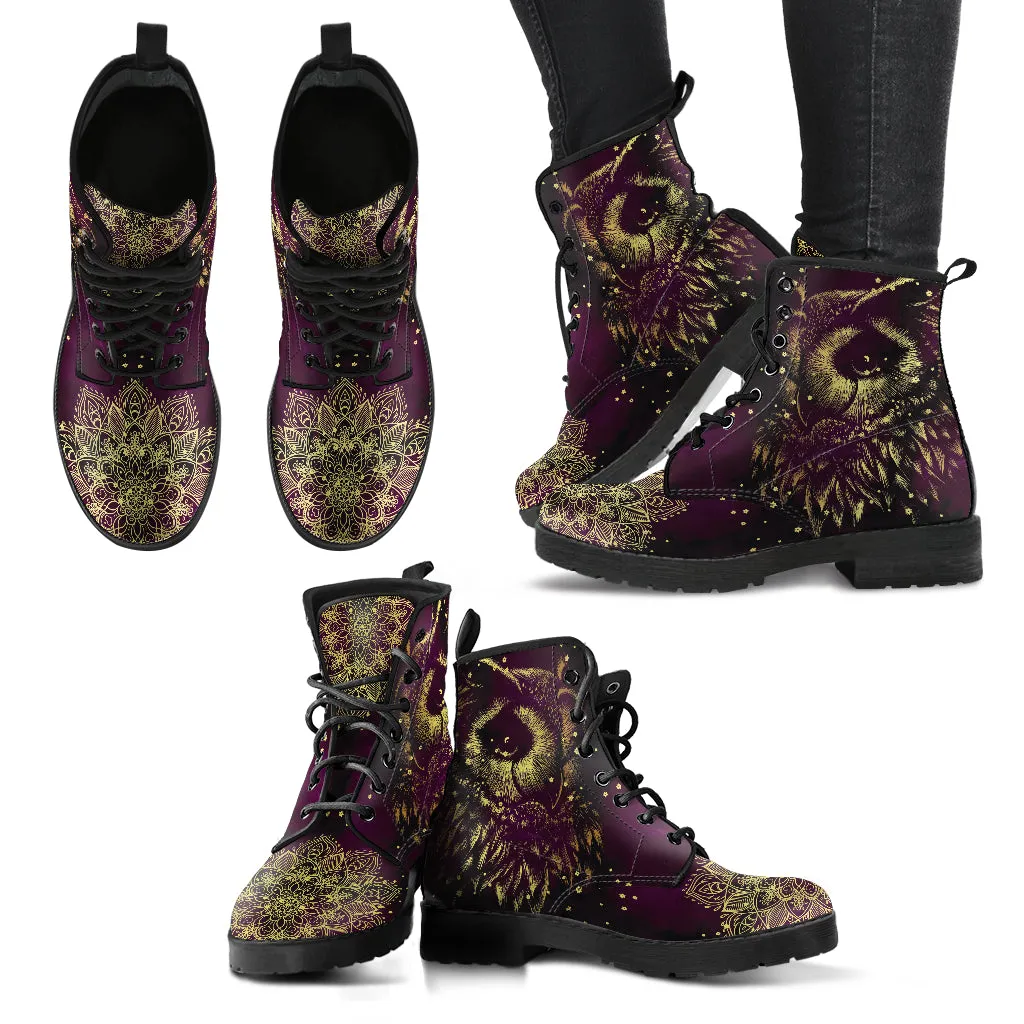Combat Boots for Women - Owl 1 Handcrafted Boots | Unique Custom Faux Leather Shoes, Cruelty-free Vegan Handmade Lace Up