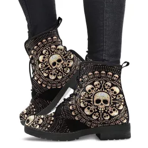 Combat Boots for Women - Skulls Bones | Unique Custom Faux Leather Shoes, Cruelty-free Vegan Handmade Lace Up