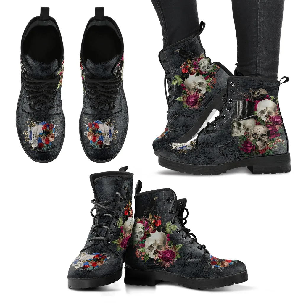 Combat Boots - Goth Shoes #107 Skulls & Roses, Grunge Vintage Music Sheet | Vegan Leather Lace Up, Unisex Custom Shoes, Goth Witch Boots