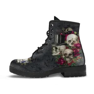 Combat Boots - Goth Shoes #107 Skulls & Roses, Grunge Vintage Music Sheet | Vegan Leather Lace Up, Unisex Custom Shoes, Goth Witch Boots
