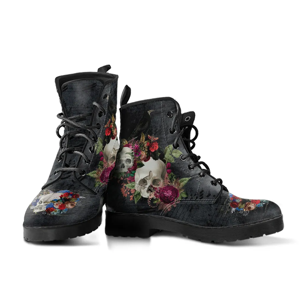 Combat Boots - Goth Shoes #107 Skulls & Roses, Grunge Vintage Music Sheet | Vegan Leather Lace Up, Unisex Custom Shoes, Goth Witch Boots