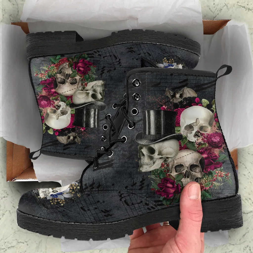 Combat Boots - Goth Shoes #107 Skulls & Roses, Grunge Vintage Music Sheet | Vegan Leather Lace Up, Unisex Custom Shoes, Goth Witch Boots