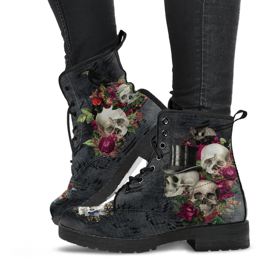 Combat Boots - Goth Shoes #107 Skulls & Roses, Grunge Vintage Music Sheet | Vegan Leather Lace Up, Unisex Custom Shoes, Goth Witch Boots