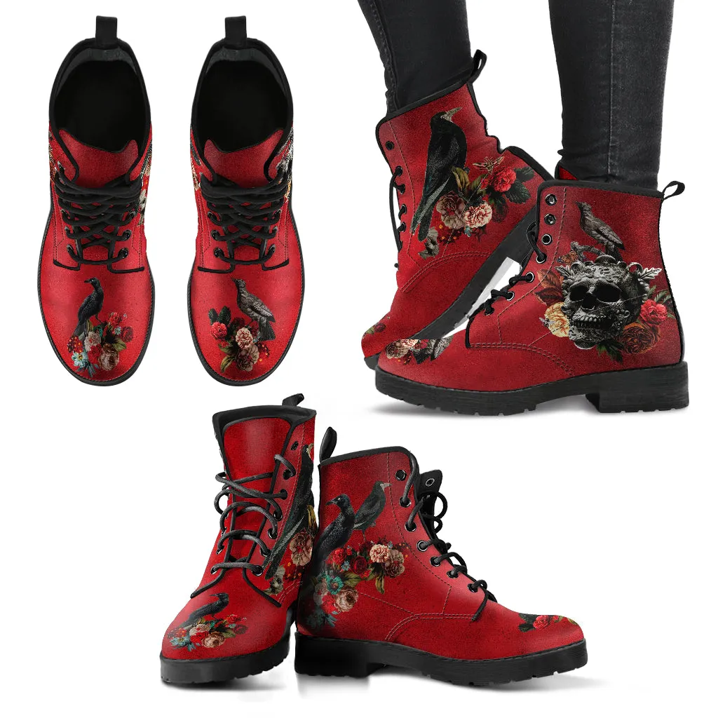Combat Boots - Goth Shoes #111 Skulls & Roses, Grunge Red | Vegan Leather Lace Up Boots, Custom Shoes Boho, Goth Witch Boots, Unisex Adult