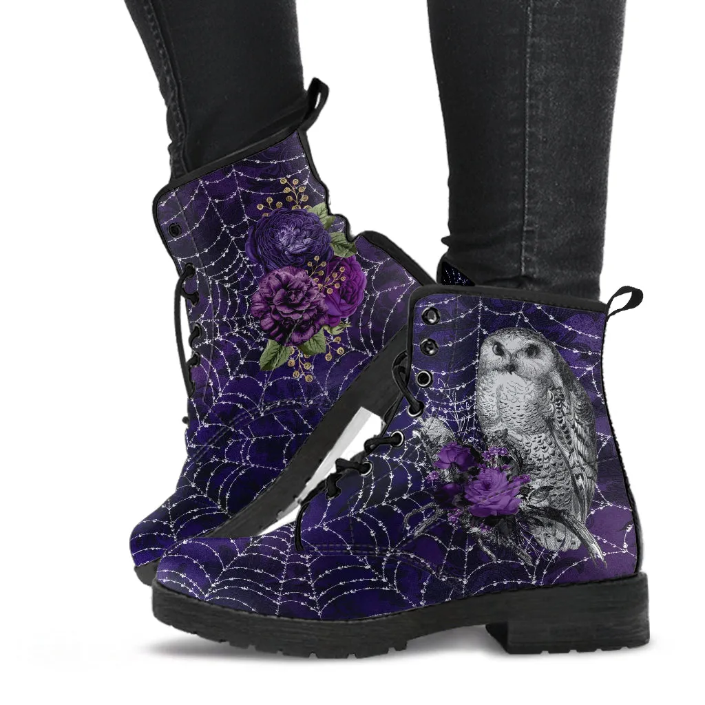 Combat Boots - Gothic Spiderweb Owls, Handmade Lace Up Boots, Vegan Leather Purple Boots for Women, 90s Boots