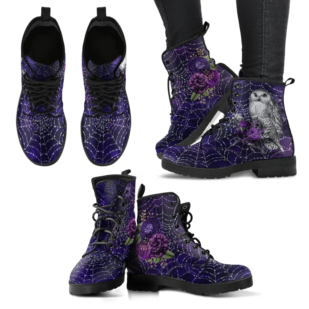 Combat Boots - Gothic Spiderweb Owls, Handmade Lace Up Boots, Vegan Leather Purple Boots for Women, 90s Boots