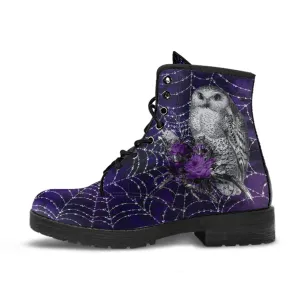 Combat Boots - Gothic Spiderweb Owls, Handmade Lace Up Boots, Vegan Leather Purple Boots for Women, 90s Boots