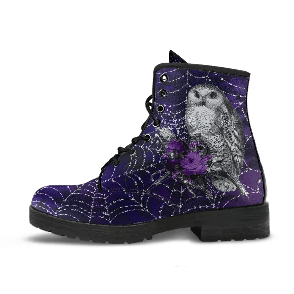 Combat Boots - Gothic Spiderweb Owls, Handmade Lace Up Boots, Vegan Leather Purple Boots for Women, 90s Boots