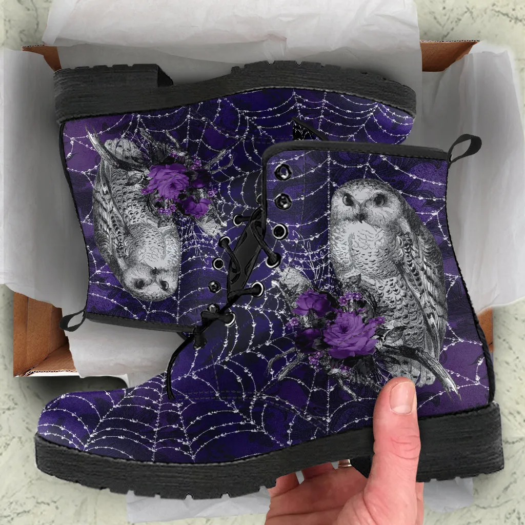 Combat Boots - Gothic Spiderweb Owls, Handmade Lace Up Boots, Vegan Leather Purple Boots for Women, 90s Boots
